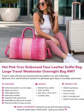Hot Pink Croc Embossed Faux Leather Duffel Bag Large Travel Weekender Overnight